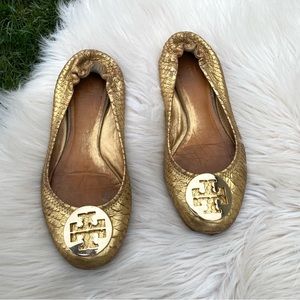 Tory Burch Gold Textured Reva Ballet Flats